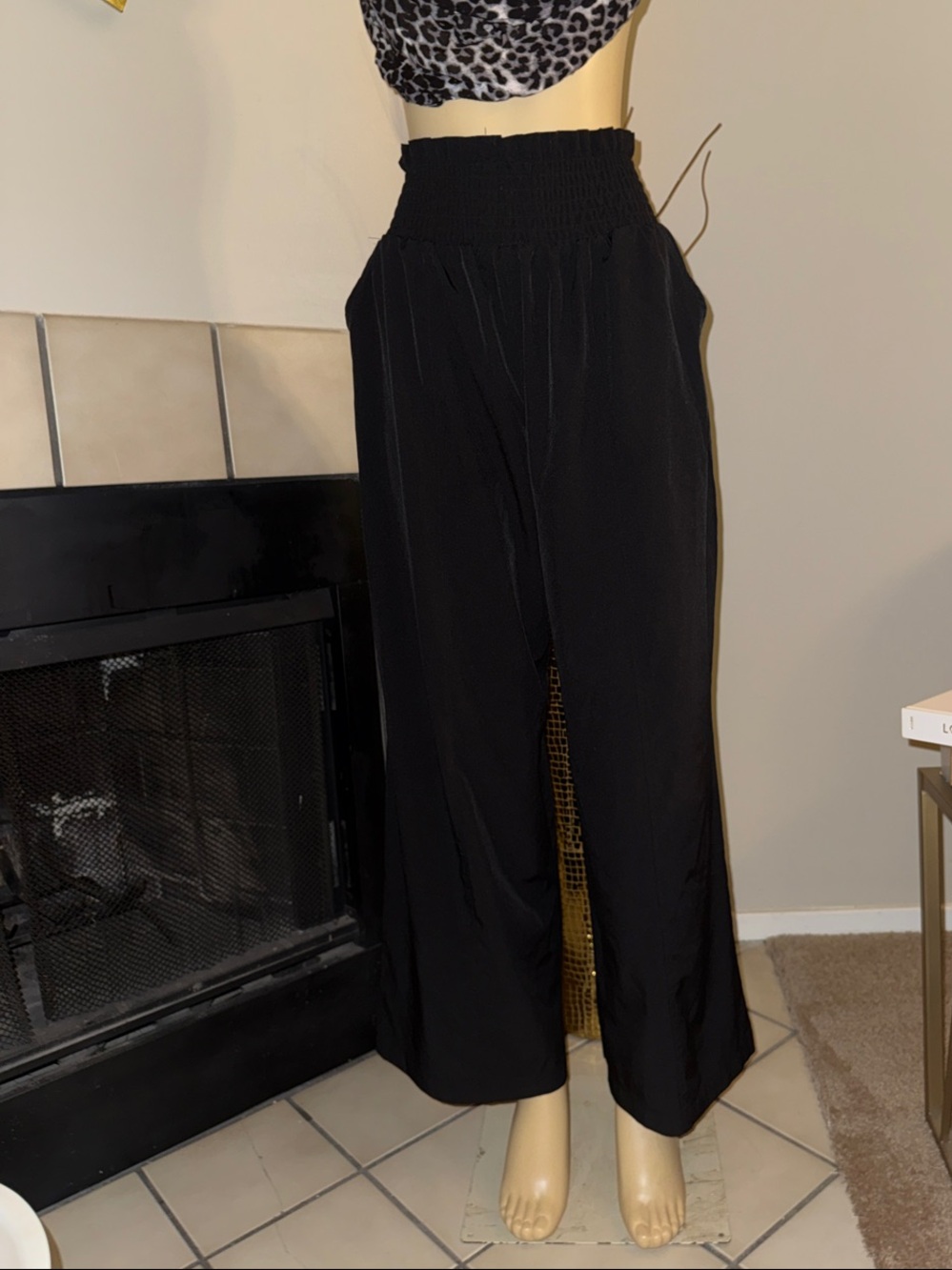 one 5 one Black Smocked-Waist Wide-Leg Pants